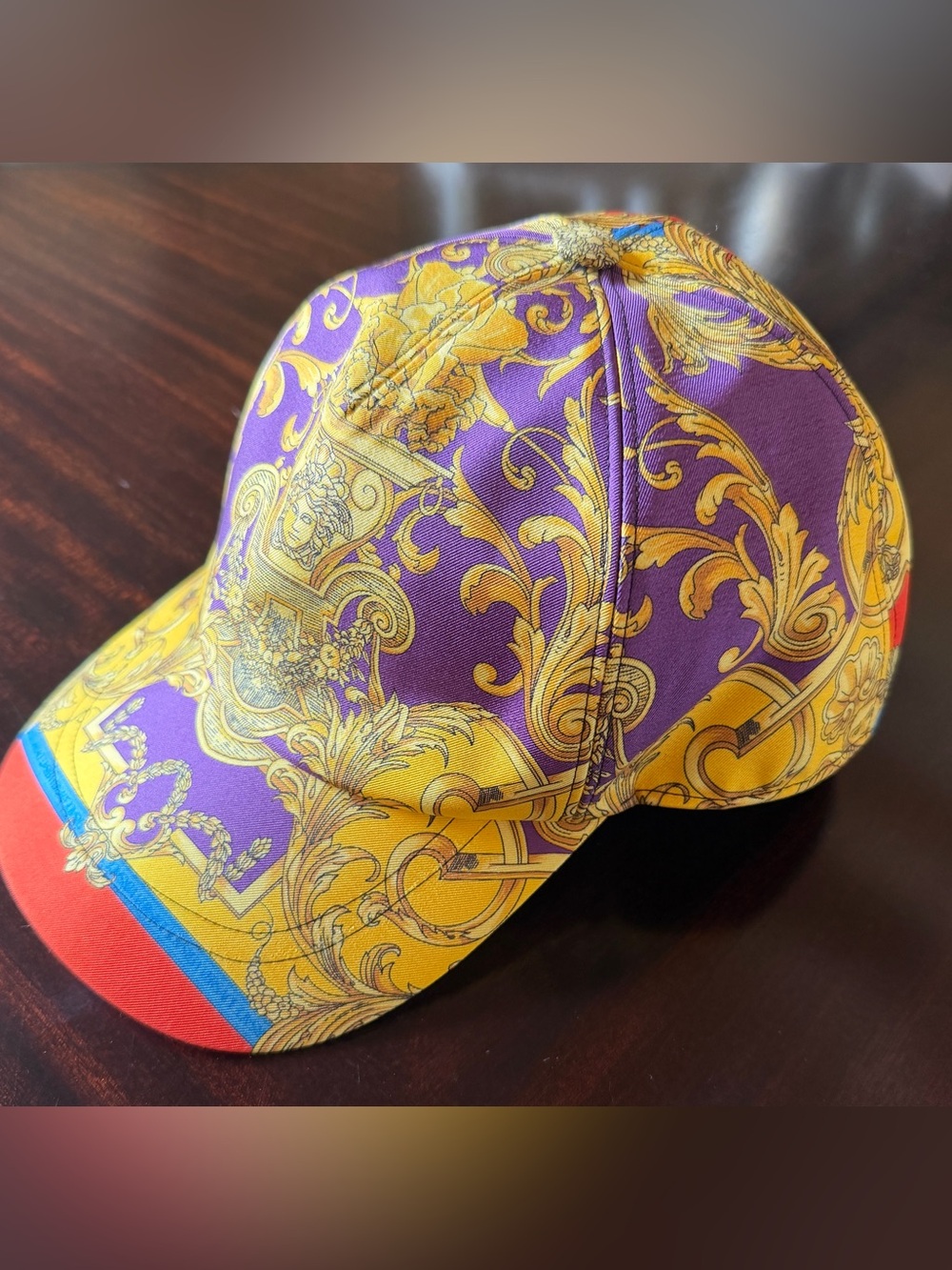 Versace Unisex Silk Purple & Gold Baroque Baseball Cap with Red & Blue Trim